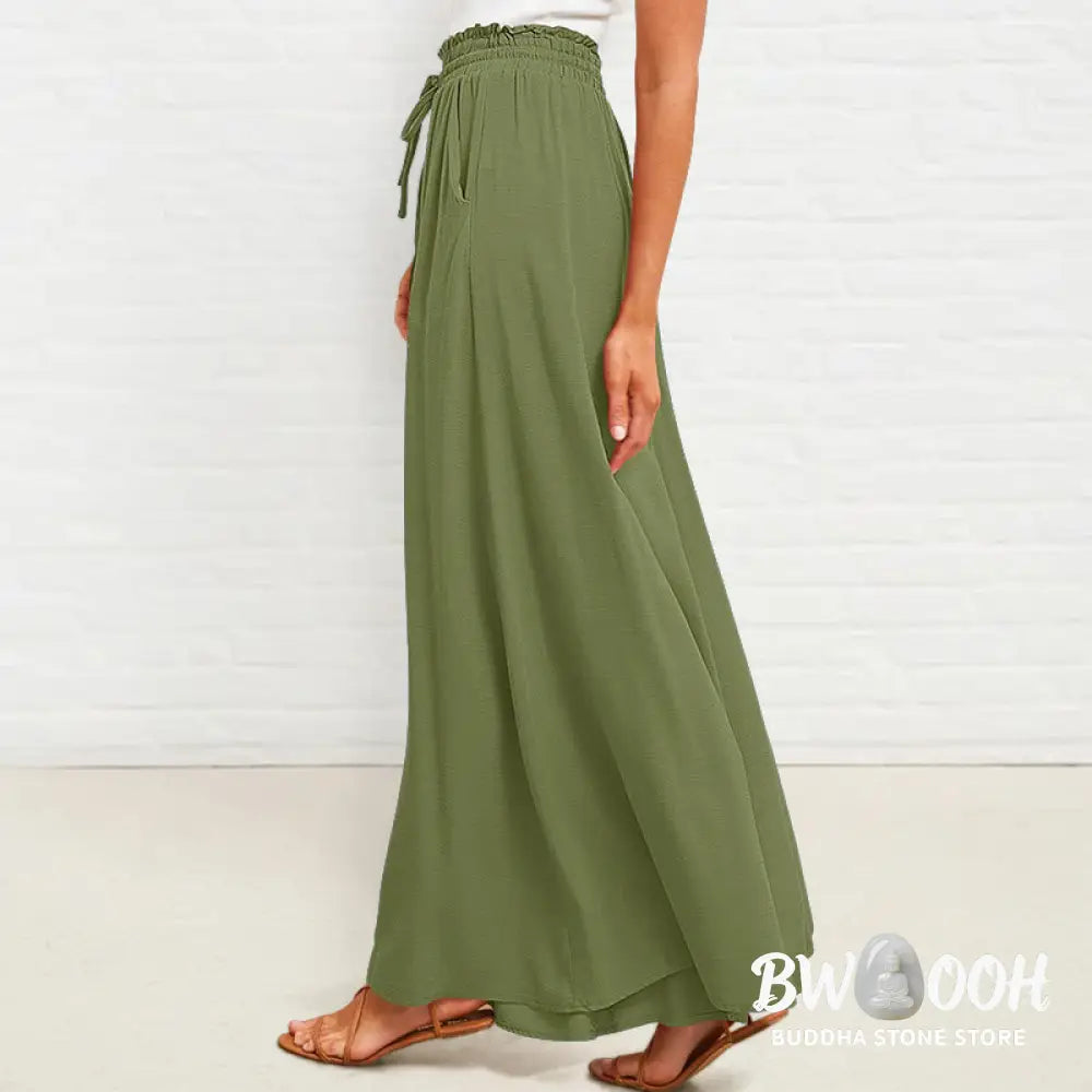 Buddha Stones Casual High Elastic Waist Plain Loose Women’s Polyester Wide Leg Pants With Pockets - Women’s Wide Leg