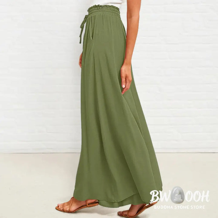 Buddha Stones Casual High Elastic Waist Plain Loose Women’s Polyester Wide Leg Pants With Pockets - Women’s Wide Leg