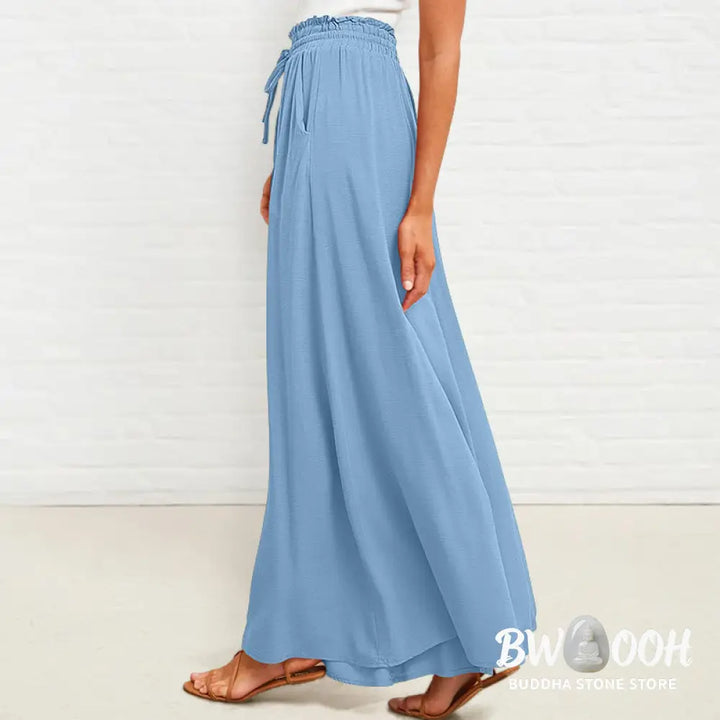 Buddha Stones Casual High Elastic Waist Plain Loose Women’s Polyester Wide Leg Pants With Pockets - Women’s Wide Leg
