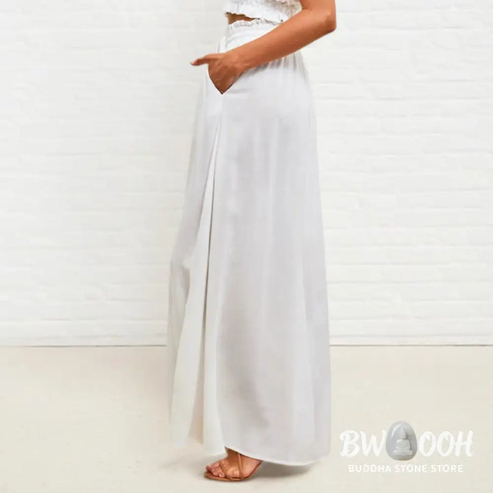 Buddha Stones Casual High Elastic Waist Plain Loose Women’s Polyester Wide Leg Pants With Pockets - Women’s Wide Leg