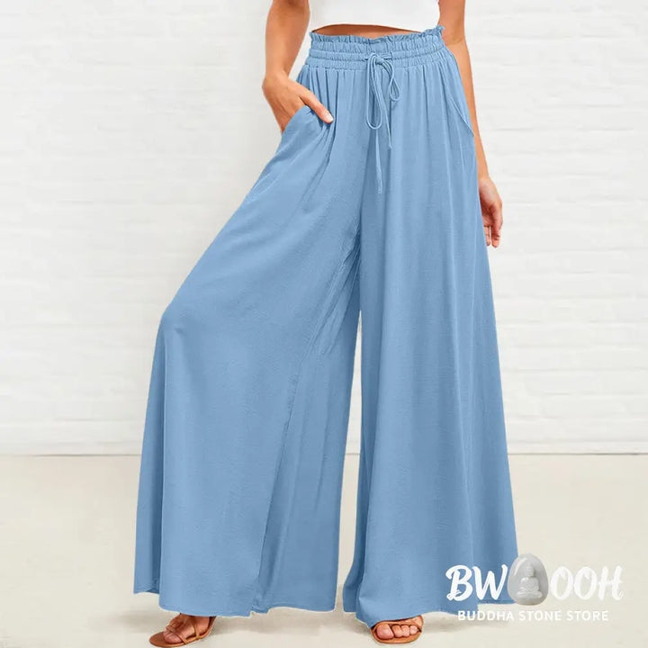 Buddha Stones Casual High Elastic Waist Plain Loose Women’s Polyester Wide Leg Pants With Pockets - Women’s Wide Leg