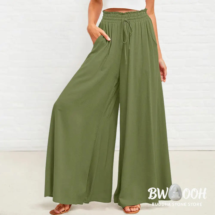 Buddha Stones Casual High Elastic Waist Plain Loose Women’s Polyester Wide Leg Pants With Pockets - Women’s Wide Leg