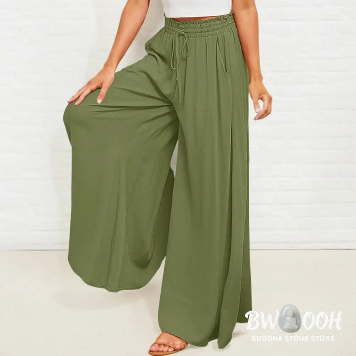 Buddha Stones Casual High Elastic Waist Plain Loose Women’s Polyester Wide Leg Pants With Pockets - Women’s Wide Leg