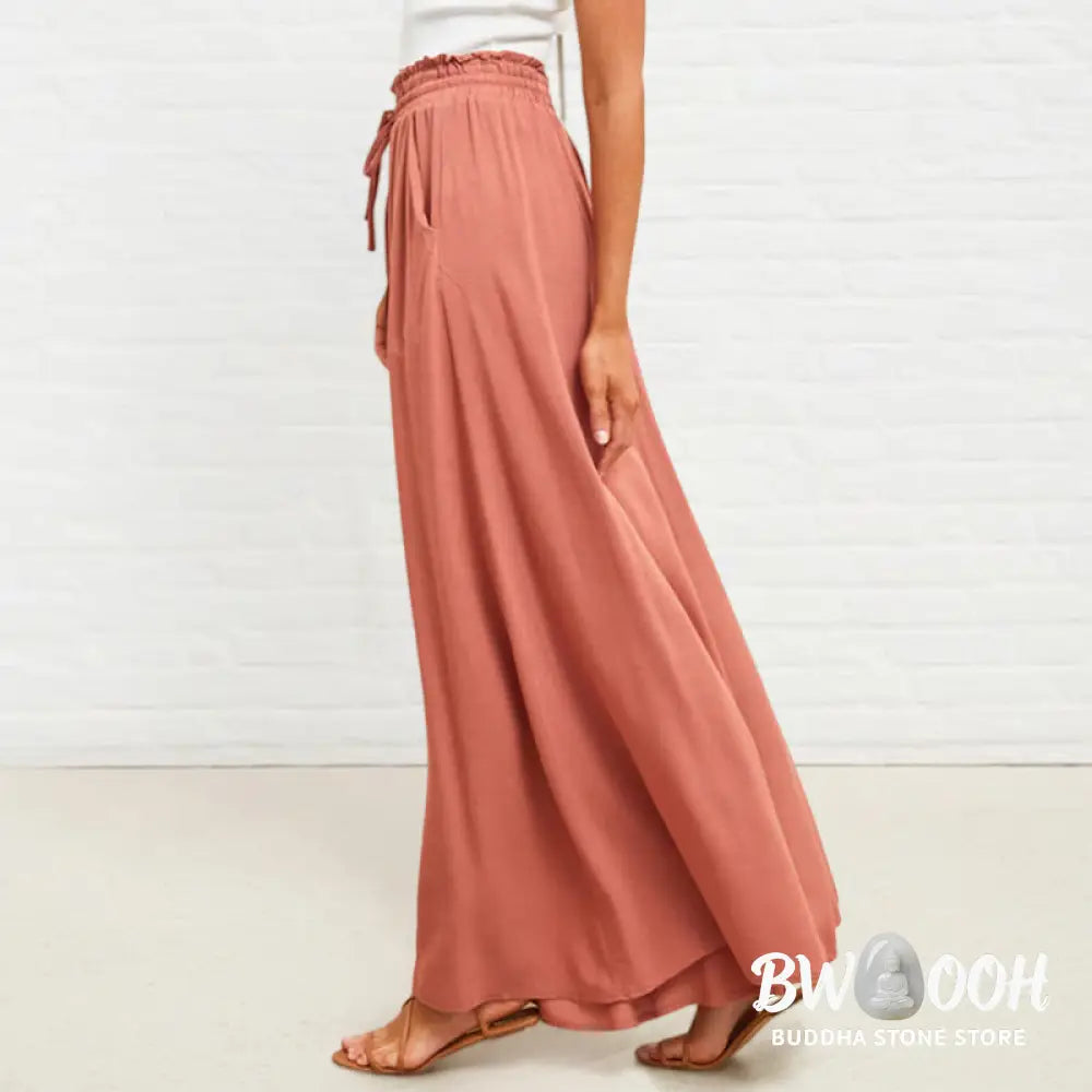 Buddha Stones Casual High Elastic Waist Plain Loose Women’s Polyester Wide Leg Pants With Pockets - Women’s Wide Leg