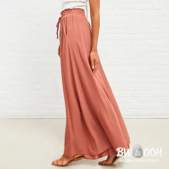 Buddha Stones Casual High Elastic Waist Plain Loose Women’s Polyester Wide Leg Pants With Pockets - Women’s Wide Leg