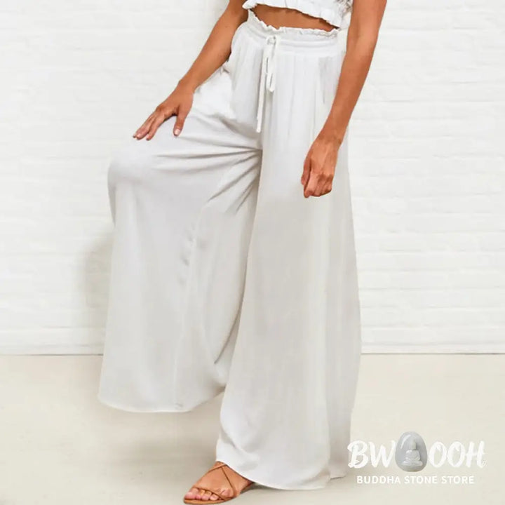 Buddha Stones Casual High Elastic Waist Plain Loose Women’s Polyester Wide Leg Pants With Pockets - Women’s Wide Leg