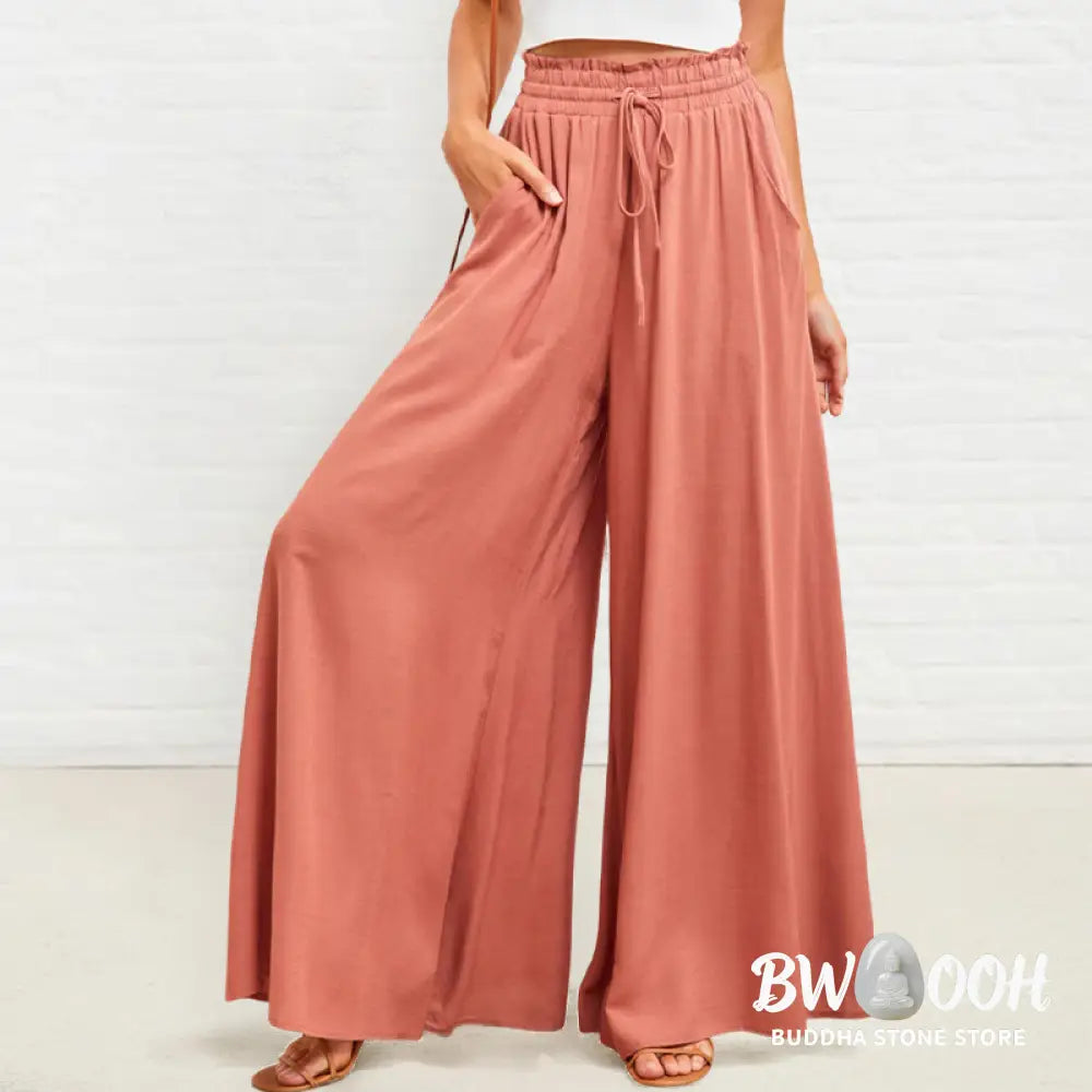 Buddha Stones Casual High Elastic Waist Plain Loose Women’s Polyester Wide Leg Pants With Pockets - Women’s Wide Leg