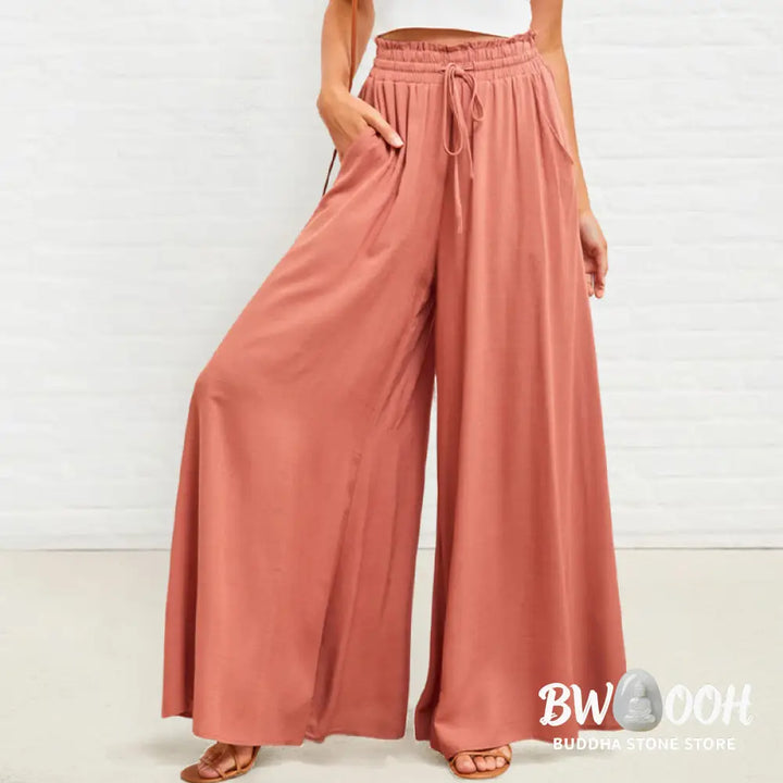 Buddha Stones Casual High Elastic Waist Plain Loose Women’s Polyester Wide Leg Pants With Pockets - Women’s Wide Leg