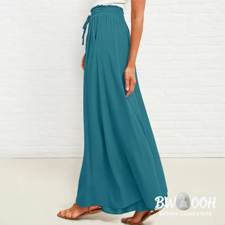 Buddha Stones Casual High Elastic Waist Plain Loose Women’s Polyester Wide Leg Pants With Pockets - Women’s Wide Leg