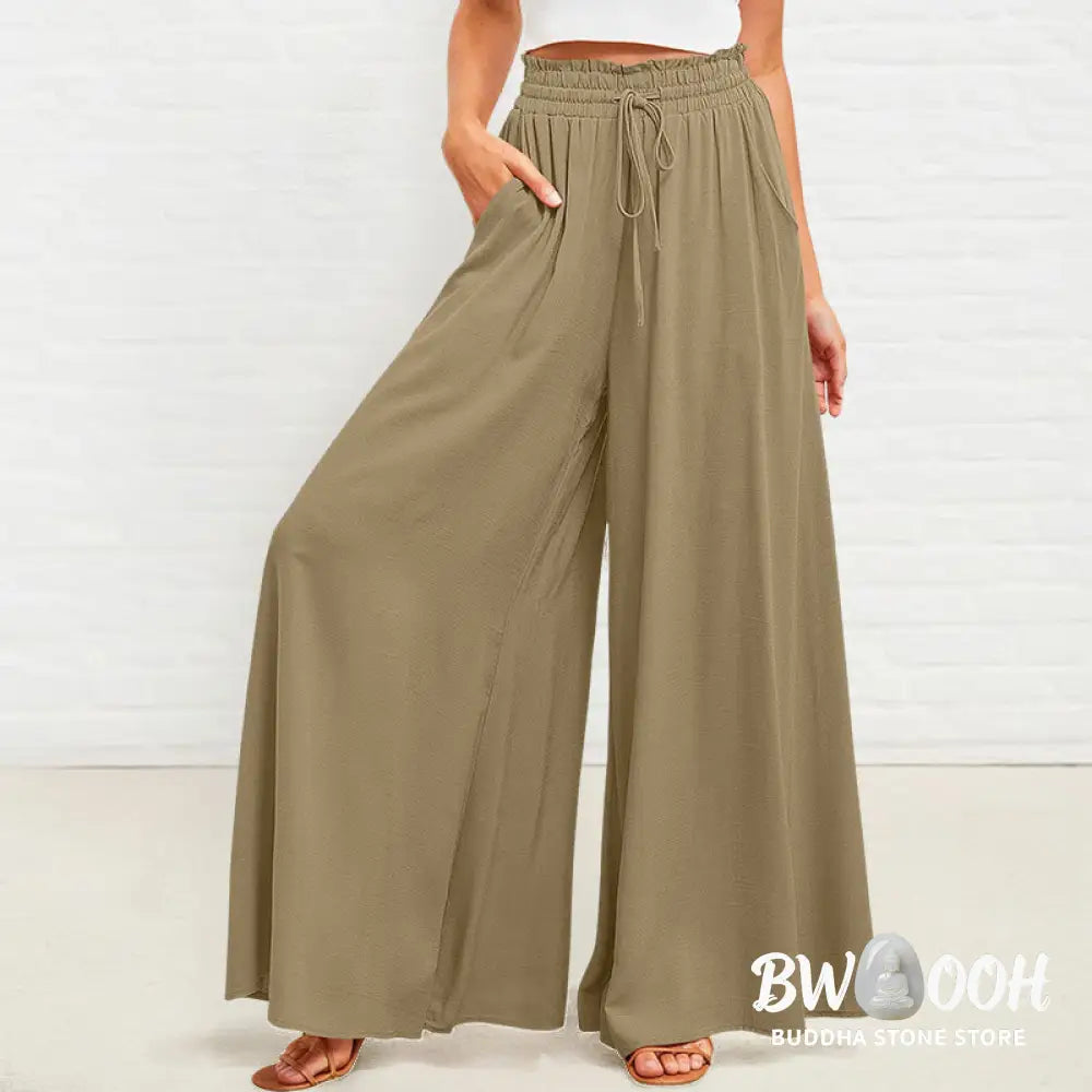 Buddha Stones Casual High Elastic Waist Plain Loose Women’s Polyester Wide Leg Pants With Pockets - Women’s Wide Leg
