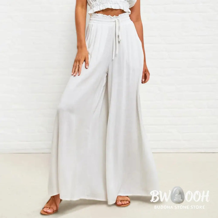 Buddha Stones Casual High Elastic Waist Plain Loose Women’s Polyester Wide Leg Pants With Pockets - Women’s Wide Leg