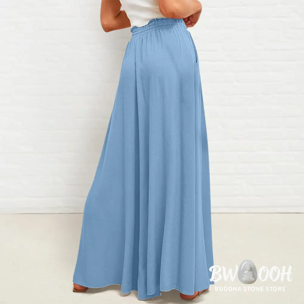 Buddha Stones Casual High Elastic Waist Plain Loose Women’s Polyester Wide Leg Pants With Pockets - Women’s Wide Leg