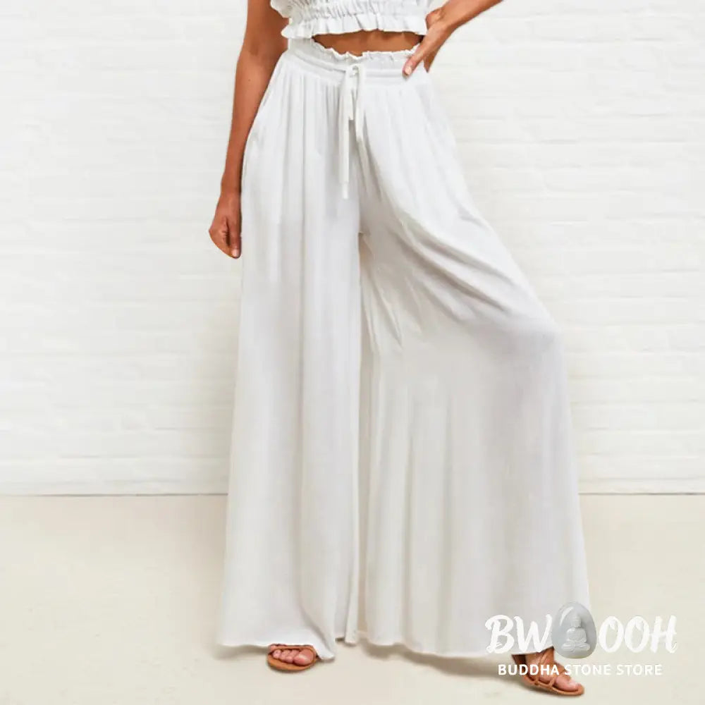 Buddha Stones Casual High Elastic Waist Plain Loose Women’s Polyester Wide Leg Pants With Pockets - Women’s Wide Leg