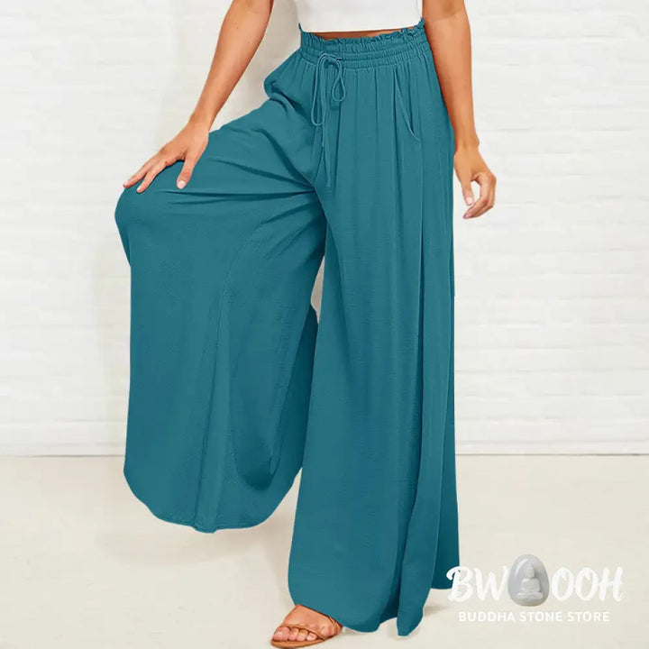 Buddha Stones Casual High Elastic Waist Plain Loose Women’s Polyester Wide Leg Pants With Pockets - Women’s Wide Leg