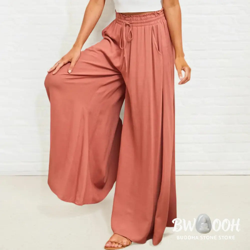 Buddha Stones Casual High Elastic Waist Plain Loose Women’s Polyester Wide Leg Pants With Pockets - Women’s Wide Leg