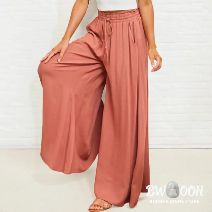 Buddha Stones Casual High Elastic Waist Plain Loose Women’s Polyester Wide Leg Pants With Pockets - Women’s Wide Leg