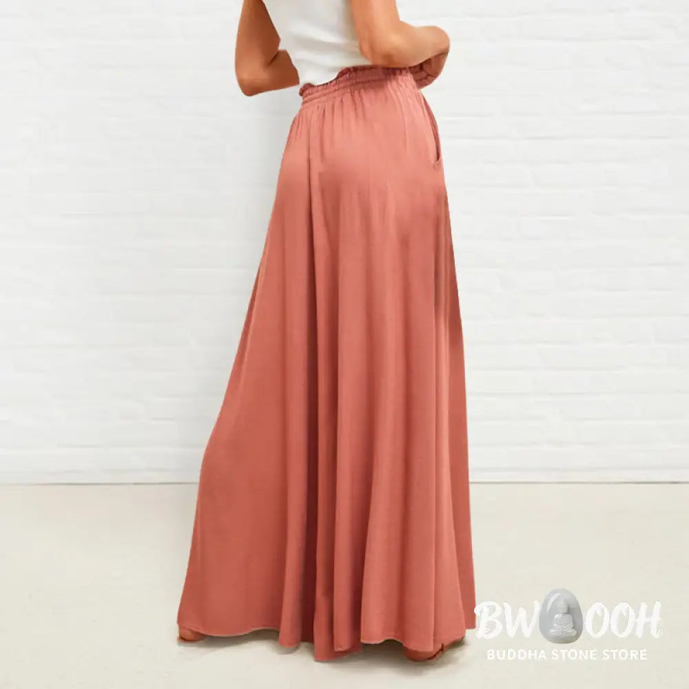 Buddha Stones Casual High Elastic Waist Plain Loose Women’s Polyester Wide Leg Pants With Pockets - Women’s Wide Leg