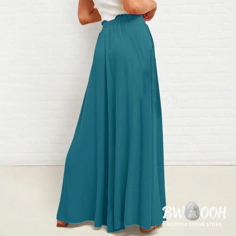 Buddha Stones Casual High Elastic Waist Plain Loose Women’s Polyester Wide Leg Pants With Pockets - Women’s Wide Leg