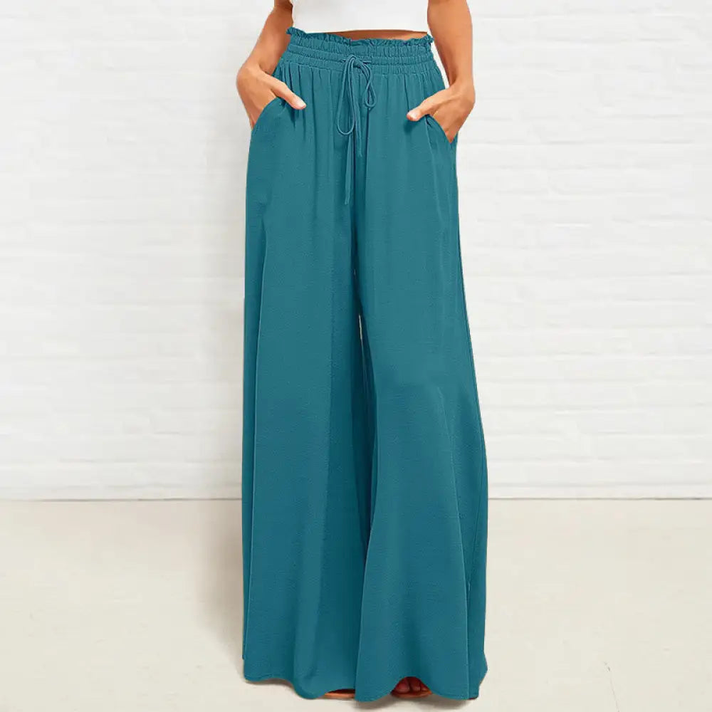 Buddha Stones Casual High Elastic Waist Plain Loose Women’s Polyester Wide Leg Pants With Pockets - DarkCyan