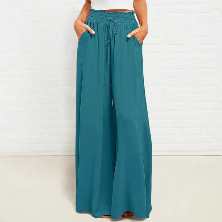Buddha Stones Casual High Elastic Waist Plain Loose Women’s Polyester Wide Leg Pants With Pockets - DarkCyan