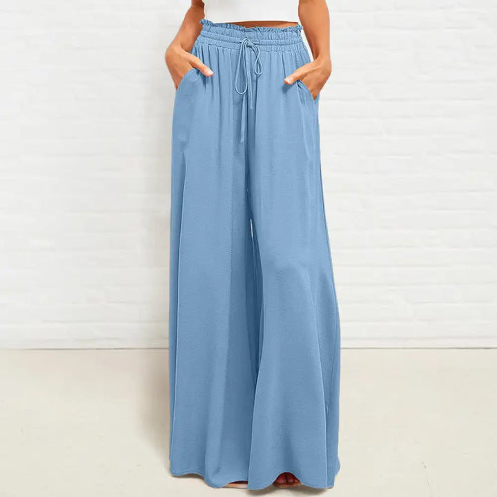 Buddha Stones Casual High Elastic Waist Plain Loose Women’s Polyester Wide Leg Pants With Pockets - LightSkyBlue