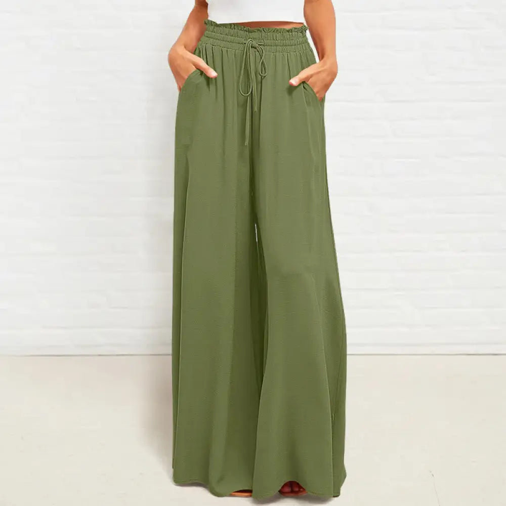 Buddha Stones Casual High Elastic Waist Plain Loose Women’s Polyester Wide Leg Pants With Pockets - Olive