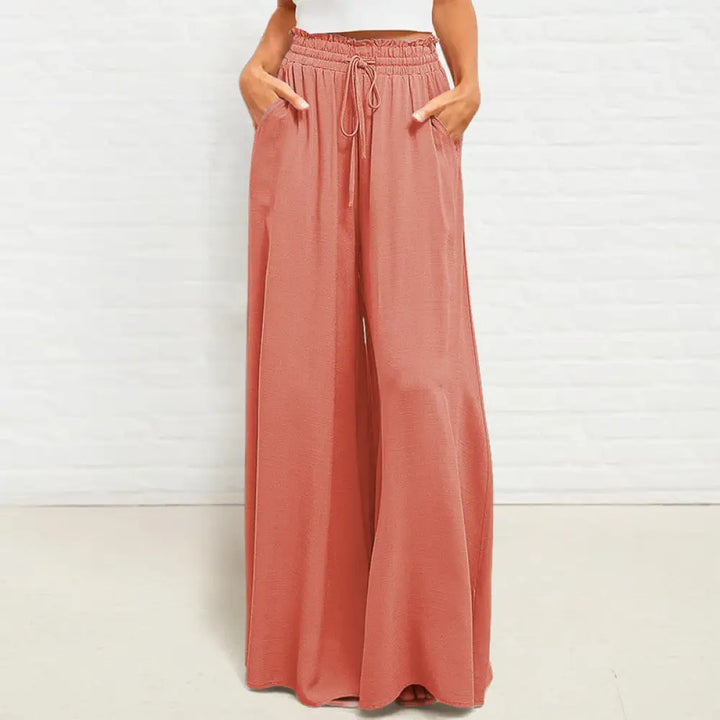 Buddha Stones Casual High Elastic Waist Plain Loose Women’s Polyester Wide Leg Pants With Pockets - Tomato