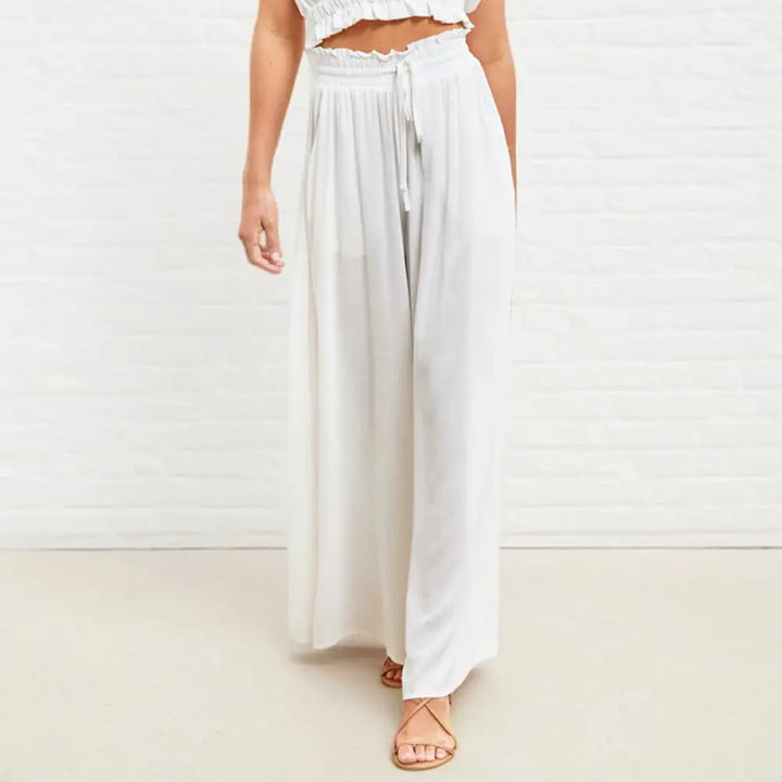 Buddha Stones Casual High Elastic Waist Plain Loose Women’s Polyester Wide Leg Pants With Pockets - White