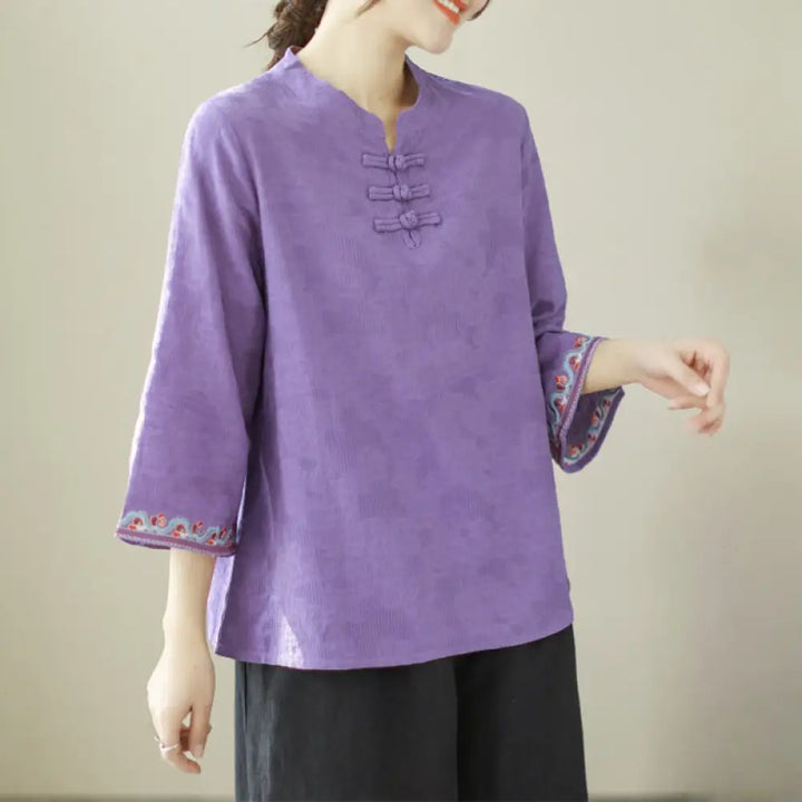 Buddha Stones Casual Jacquard Frog-Button Women’s Crew Neck Design Three Quarter Sleeve Cotton Linen Shirt - BlueViolet