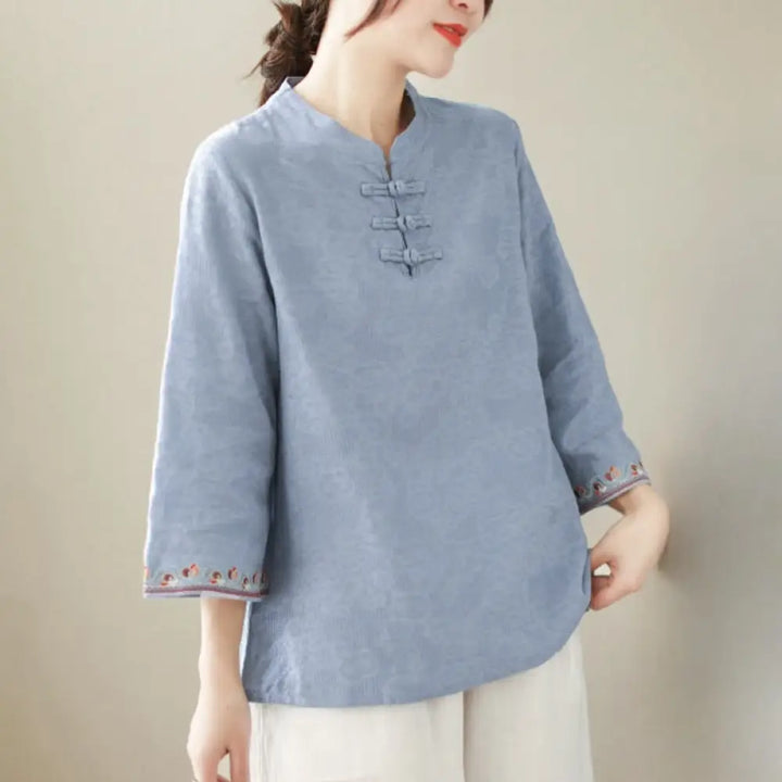 Buddha Stones Casual Jacquard Frog-Button Women’s Crew Neck Design Three Quarter Sleeve Cotton Linen Shirt