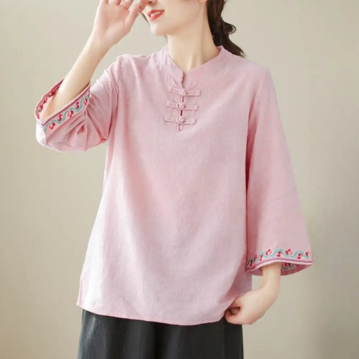 Buddha Stones Casual Jacquard Frog-Button Women’s Crew Neck Design Three Quarter Sleeve Cotton Linen Shirt - Pink