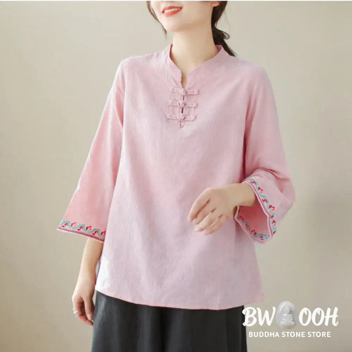 Buddha Stones Casual Jacquard Frog-Button Women’s Crew Neck Design Three Quarter Sleeve Cotton Linen Shirt - Women’s