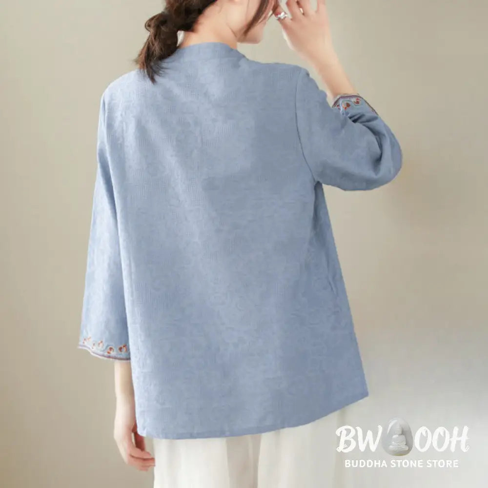 Buddha Stones Casual Jacquard Frog-Button Women’s Crew Neck Design Three Quarter Sleeve Cotton Linen Shirt - Women’s