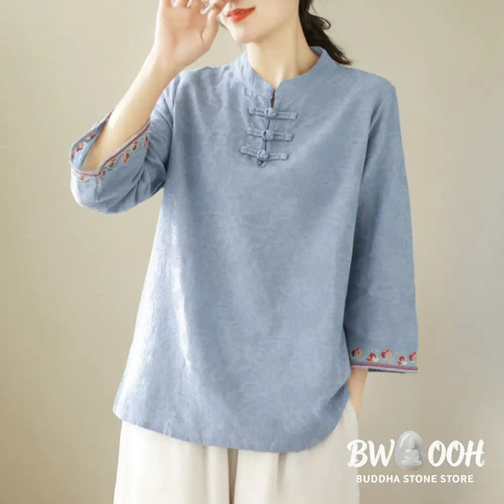 Buddha Stones Casual Jacquard Frog-Button Women’s Crew Neck Design Three Quarter Sleeve Cotton Linen Shirt - Women’s