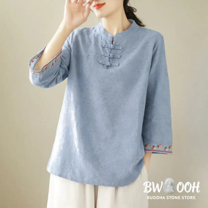 Buddha Stones Casual Jacquard Frog-Button Women’s Crew Neck Design Three Quarter Sleeve Cotton Linen Shirt - Women’s