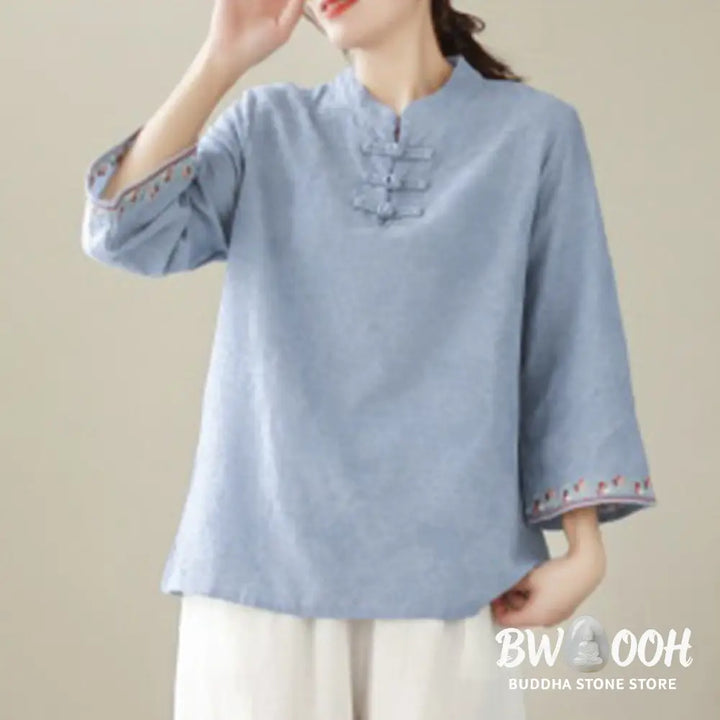 Buddha Stones Casual Jacquard Frog-Button Women’s Crew Neck Design Three Quarter Sleeve Cotton Linen Shirt - Women’s