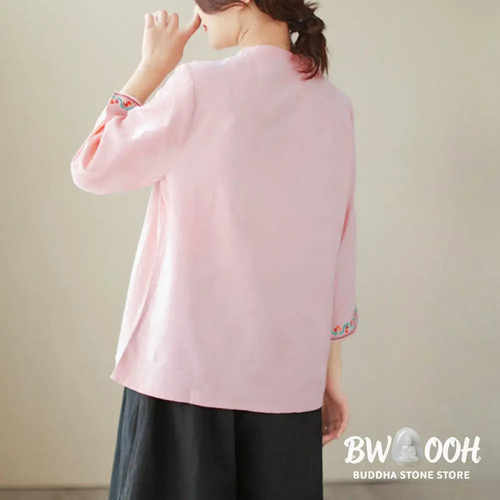 Buddha Stones Casual Jacquard Frog-Button Women’s Crew Neck Design Three Quarter Sleeve Cotton Linen Shirt - Women’s
