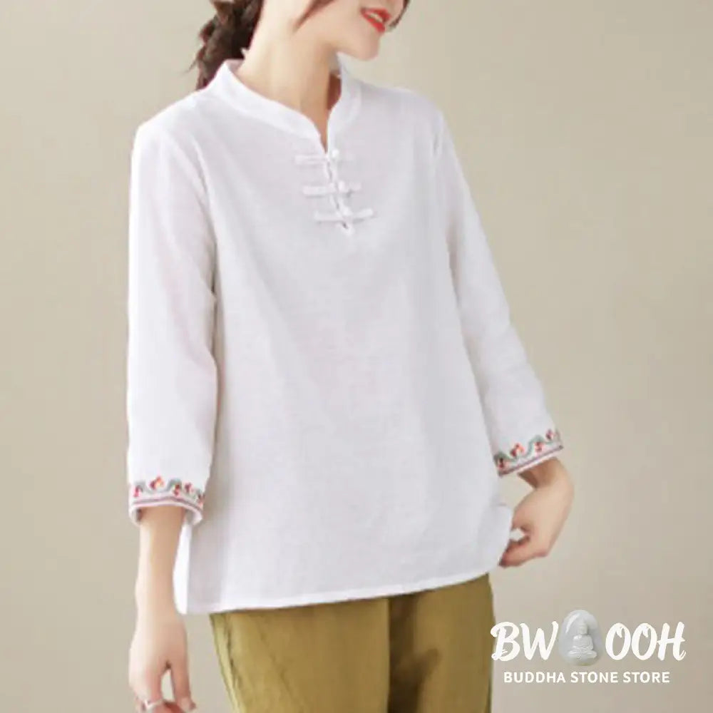Buddha Stones Casual Jacquard Frog-Button Women’s Crew Neck Design Three Quarter Sleeve Cotton Linen Shirt - Women’s