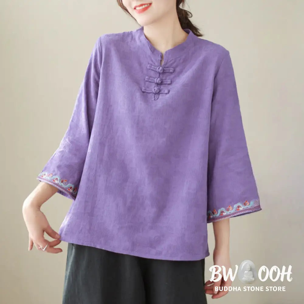 Buddha Stones Casual Jacquard Frog-Button Women’s Crew Neck Design Three Quarter Sleeve Cotton Linen Shirt - Women’s