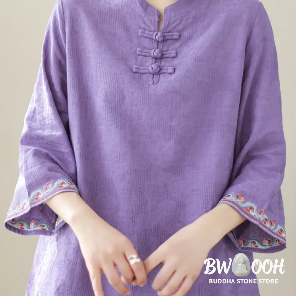 Buddha Stones Casual Jacquard Frog-Button Women’s Crew Neck Design Three Quarter Sleeve Cotton Linen Shirt - Women’s