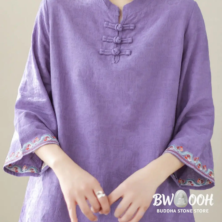 Buddha Stones Casual Jacquard Frog-Button Women’s Crew Neck Design Three Quarter Sleeve Cotton Linen Shirt - Women’s
