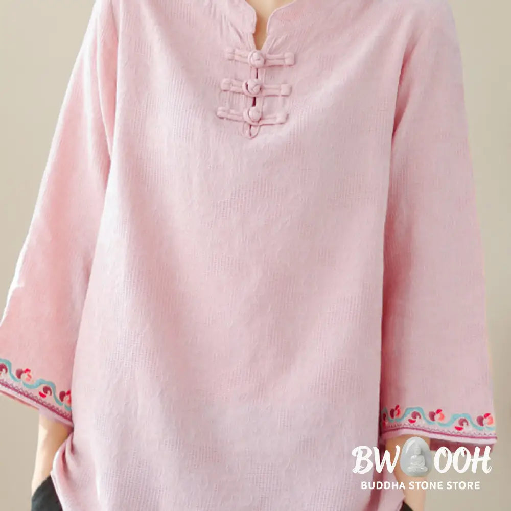 Buddha Stones Casual Jacquard Frog-Button Women’s Crew Neck Design Three Quarter Sleeve Cotton Linen Shirt - Women’s