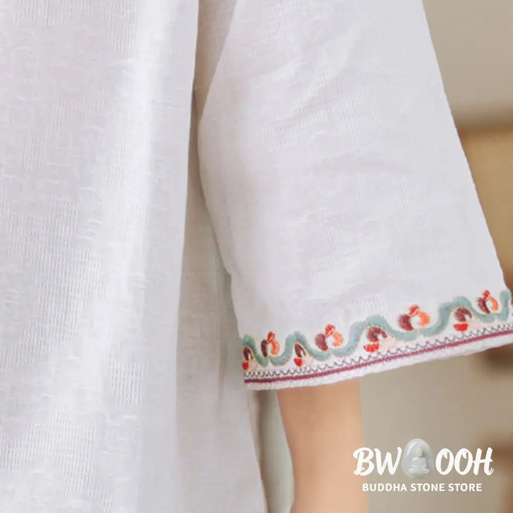 Buddha Stones Casual Jacquard Frog-Button Women’s Crew Neck Design Three Quarter Sleeve Cotton Linen Shirt - Women’s