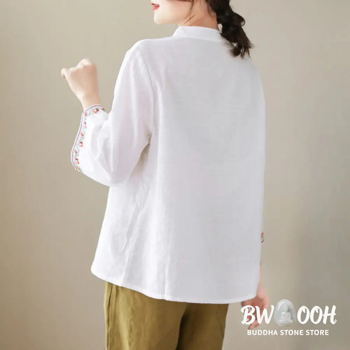 Buddha Stones Casual Jacquard Frog-Button Women’s Crew Neck Design Three Quarter Sleeve Cotton Linen Shirt - Women’s