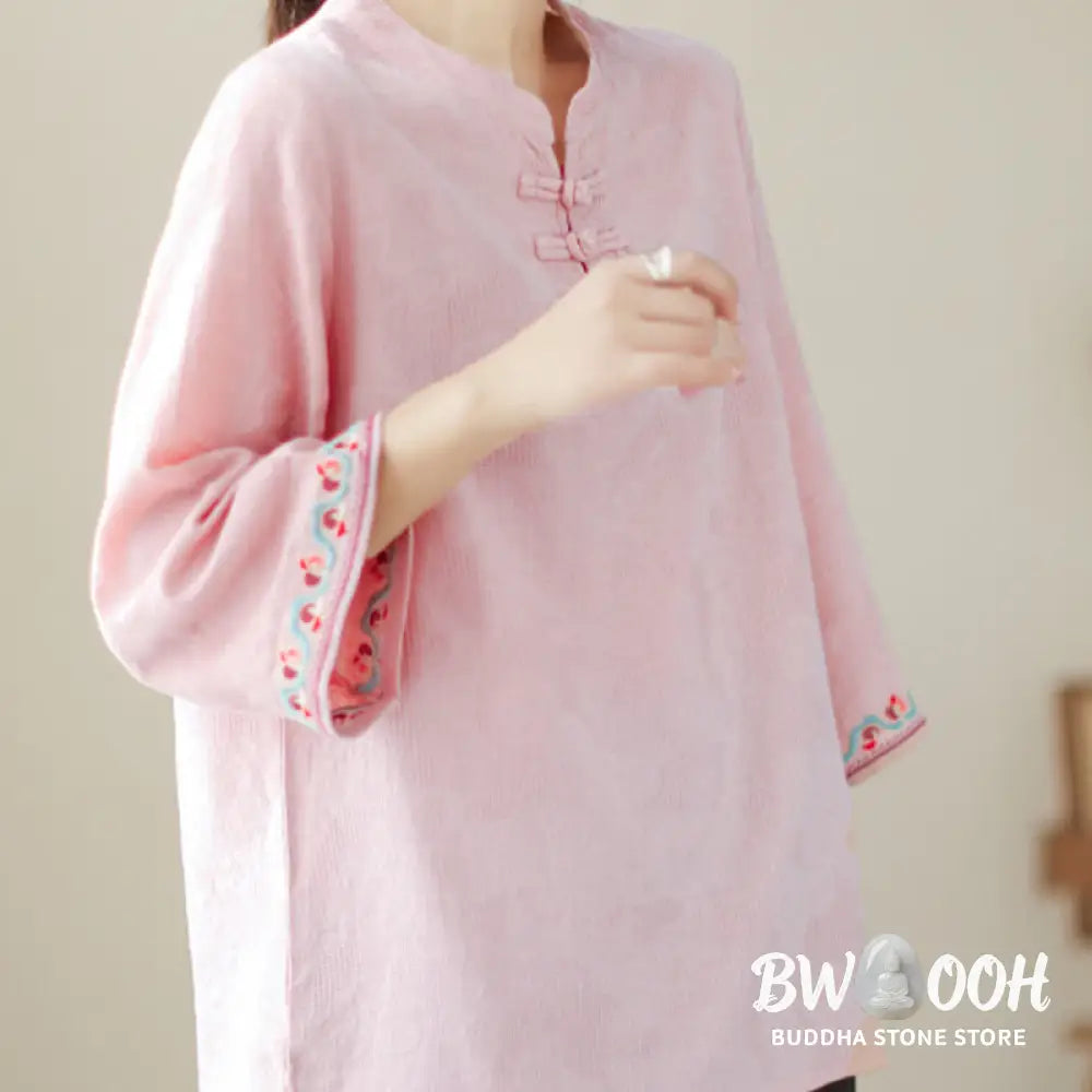 Buddha Stones Casual Jacquard Frog-Button Women’s Crew Neck Design Three Quarter Sleeve Cotton Linen Shirt - Women’s