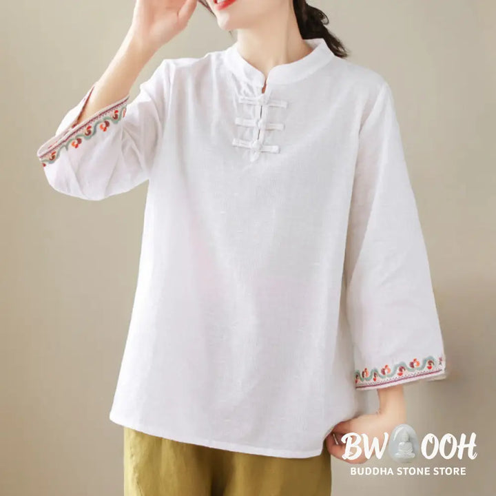 Buddha Stones Casual Jacquard Frog-Button Women’s Crew Neck Design Three Quarter Sleeve Cotton Linen Shirt - Women’s