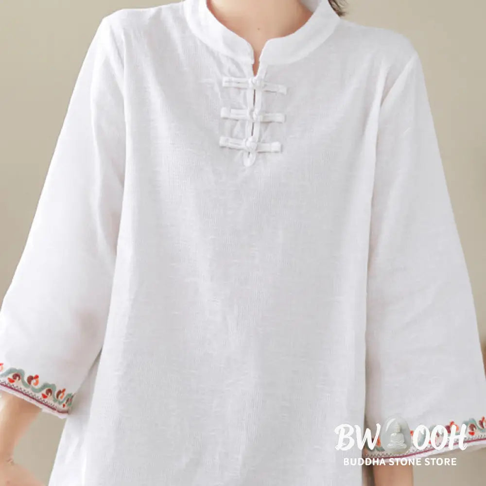 Buddha Stones Casual Jacquard Frog-Button Women’s Crew Neck Design Three Quarter Sleeve Cotton Linen Shirt - Women’s