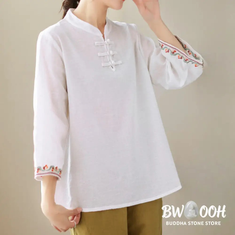 Buddha Stones Casual Jacquard Frog-Button Women’s Crew Neck Design Three Quarter Sleeve Cotton Linen Shirt - Women’s