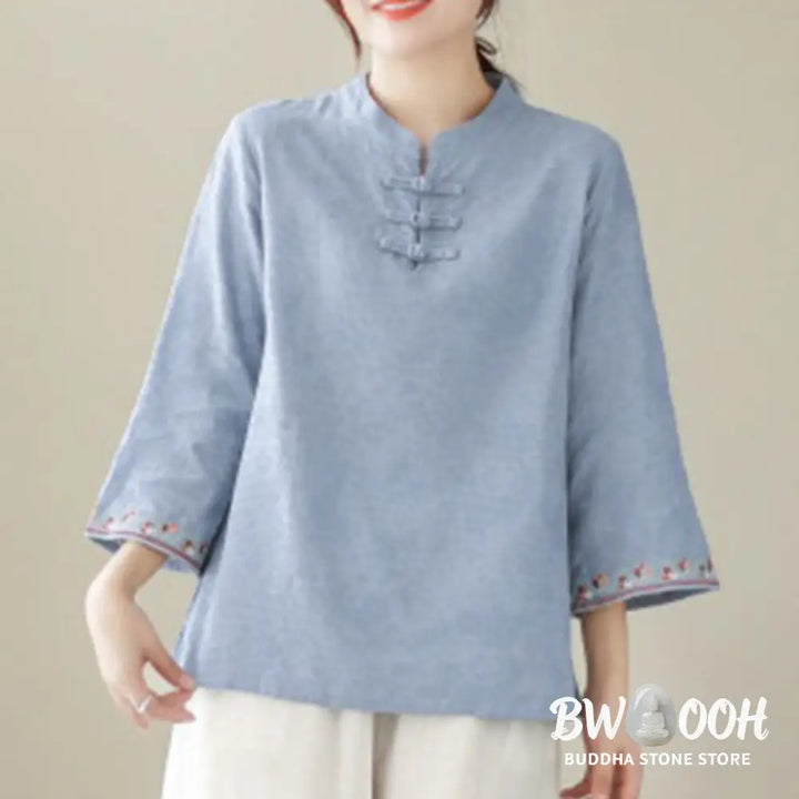 Buddha Stones Casual Jacquard Frog-Button Women’s Crew Neck Design Three Quarter Sleeve Cotton Linen Shirt - Women’s