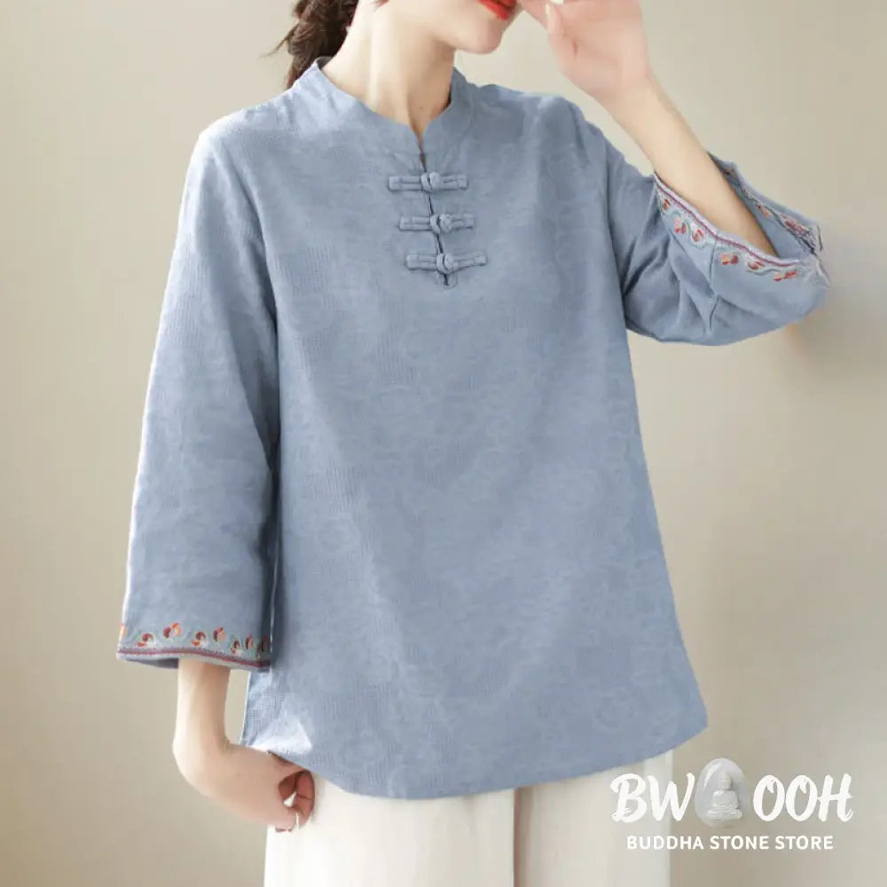 Buddha Stones Casual Jacquard Frog-Button Women’s Crew Neck Design Three Quarter Sleeve Cotton Linen Shirt - Women’s